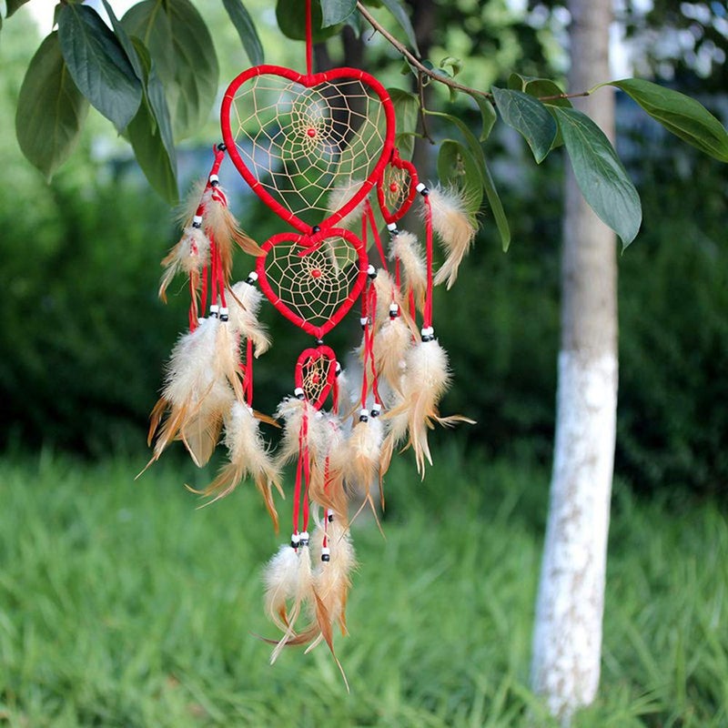 Yuyeran Heart Shaped Dream Catcher with Feathers Car Wall Hanging Decoration (Red) - Image 5